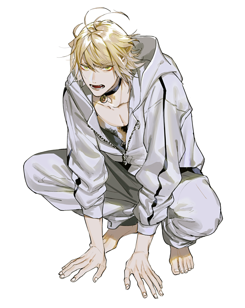 1boy animal_ears antenna_hair arm_support barefoot bishounen blonde_hair choker collarbone eyeliner fingernails full_body grey_jacket grey_pants highres hood hooded_jacket jacket jewelry long_sleeves looking_at_viewer makeup male_focus nansen_ichimonji open_mouth pants pendant simple_background solo squatting toenails touken_ranbu unzipped vient white_background yellow_eyes