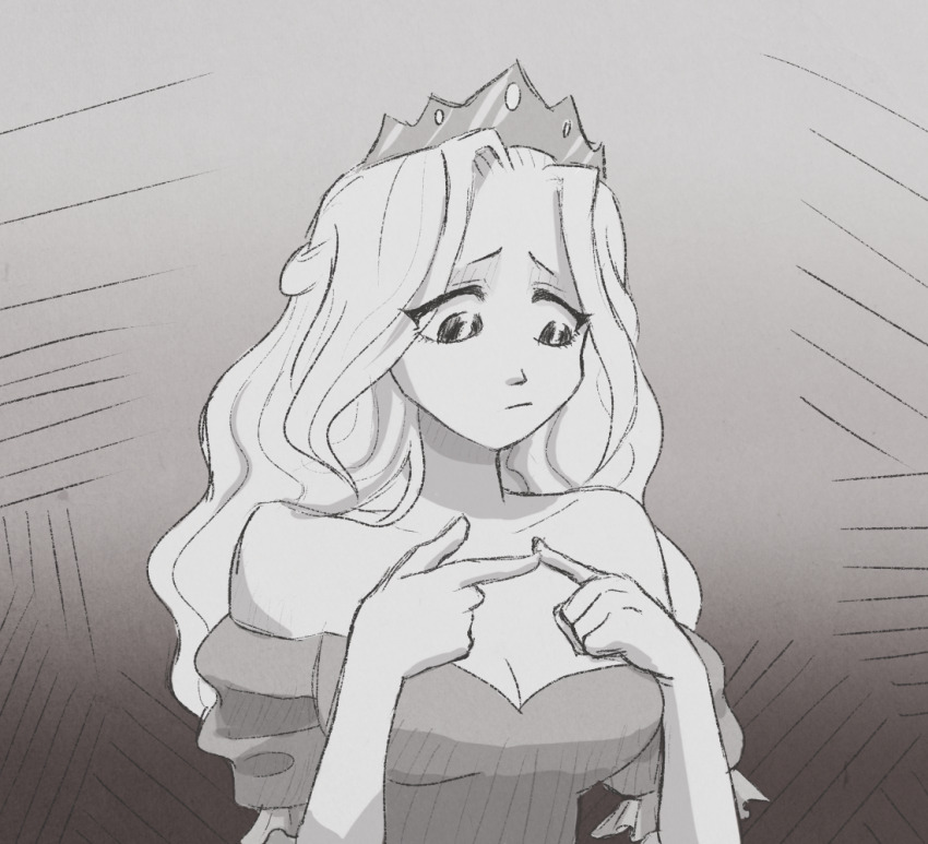 1girl :c averting_eyes breasts cleavage detached_sleeves dress grey_background greyscale index_fingers_together large_breasts light_frown long_hair magua-vida monochrome nervous princess_(slay_the_princess) princess_dress puffy_detached_sleeves puffy_sleeves raised_inner_eyebrows short_sleeves simple_background slay_the_princess the_damsel_(slay_the_princess) tiara wavy_hair