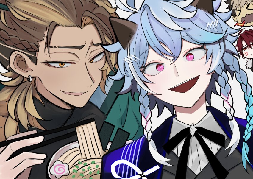 &gt;_&lt; 4boys anger_vein animal_ears black_hair black_ribbon black_shirt blonde_hair blue_hair braid brown_hair cat_ears chibi chibi_inset chopsticks compression_shirt crimzon_ruze dark-skinned_male dark_skin earrings eyebrow_cut fake_animal_ears fire food fur-trimmed_jacket fur_trim goldbullet green_jacket grey_hair hair_ornament hairpin highres holding holding_chopsticks holoarmis holostars holostars_english jacket jewelry jurard_t_rexford kamaboko looking_at_viewer male_focus multicolored_hair multiple_boys multiple_braids multiple_hairpins narutomaki neck_ribbon noodles octavio open_clothes open_jacket open_mouth pink_eyes pointy_ears ponytail ramen red_hair ribbon russell_(rrrrrrz9) shirt short_hair smile streaked_hair tri_braids two-tone_hair virtual_youtuber white_background white_hair yellow_eyes