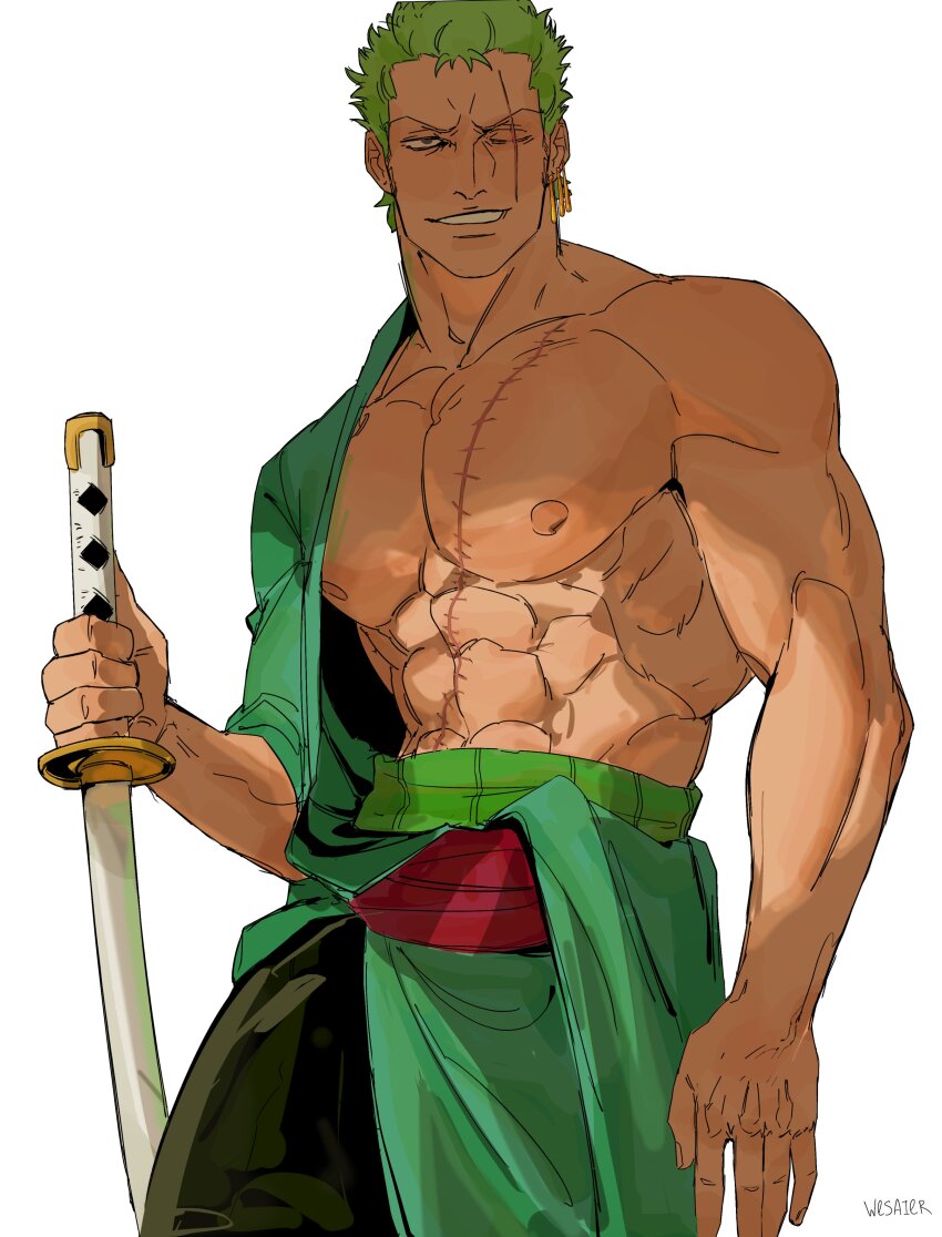 1boy abs absurdres arm_out_of_sleeve artist_name bara bare_pectorals commentary earrings english_commentary green_hair highres holding holding_sword holding_weapon jewelry katana large_pectorals male_focus muscular muscular_male nipples one_piece pectorals roronoa_zoro scar scar_across_eye scar_on_chest scar_on_face scar_on_stomach short_hair simple_background solo sword weapon wesaier white_background