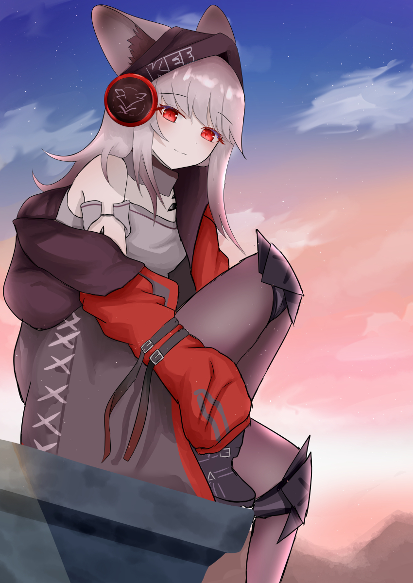 1girl absurdres animal_ears arknights bare_shoulders black_hat brown_pantyhose closed_mouth clothes_writing commentary ears_through_headwear foot_out_of_frame frostleaf_(arknights) grey_hair hat headphones highres jacket knee_up light_particles looking_at_viewer material_growth medium_hair miruka_(kyrie_eleison_45) off_shoulder oripathy_lesion_(arknights) pantyhose red_eyes red_jacket sitting sleeves_past_fingers sleeves_past_wrists smile solo star_(sky)