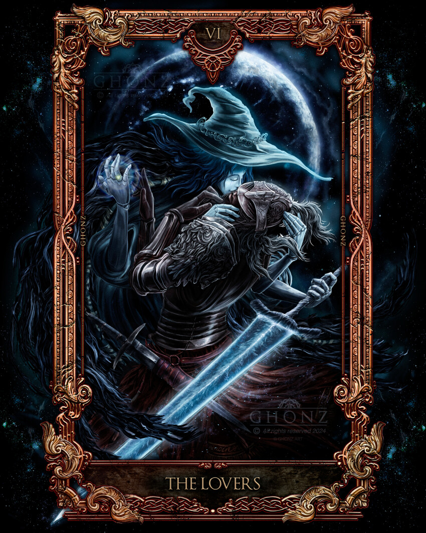1boy 1girl 2024 absurdres armor artist_name bloody_wolf_(elden_ring) blue_hair blue_skin breastplate cape cloak closed_eyes closed_mouth colored_skin commentary copyright_notice cracked_skin doll_joints elden_ring english_commentary extra_arms full_armor fur_cape fur_cloak ghonz_art glowing glowing_jewelry glowing_sword glowing_weapon gold_border greatsword hat helm helmet hetero highres holding holding_sword holding_weapon jewelry joints kiss large_hat long_hair moonlight_greatsword ranni_the_witch ring sword tarnished_(elden_ring) tarot the_lovers_(tarot) vambraces weapon wedding_ring white_hair witch witch_hat