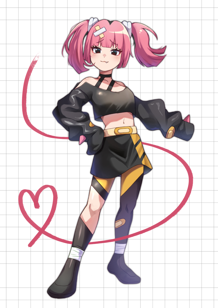 1girl :3 absurdres belt black_skirt blunt_bangs closed_mouth commentary coral_(pokemon) eyelashes fang fang_out full_body grid_background hair_ornament hand_on_own_hip heart highres knees long_sleeves maru_(dpju8782) navel nintendo off-shoulder_shirt off_shoulder pink_hair pokemon pokemon_(anime) pokemon_horizons raised_eyebrows shirt skirt sleeves_past_fingers sleeves_past_wrists smile solo standing twintails yellow_belt