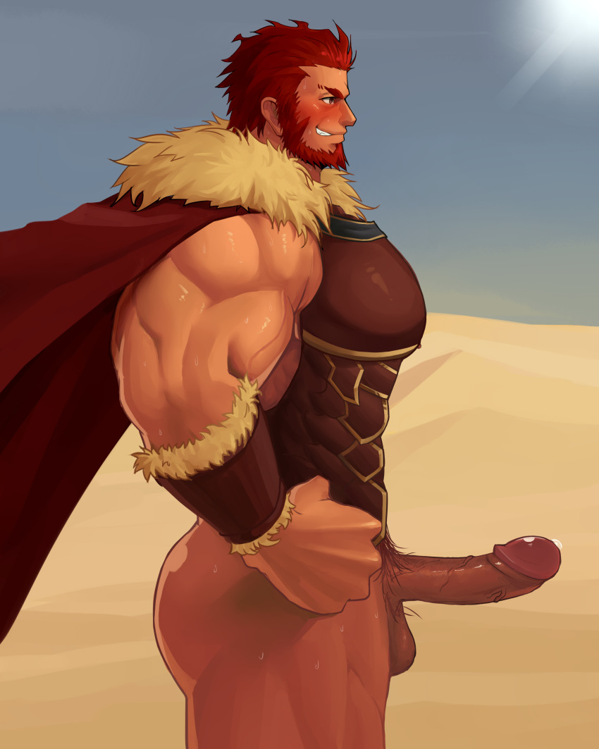 1boy abs absurdres bara beard cowboy_shot erection facial_hair fate/grand_order fate/zero fate_(series) hand_on_own_hip highres iskandar_(fate) large_pectorals male_focus manly muscular pectorals penis red_eyes red_hair samuel short_hair solo uncensored