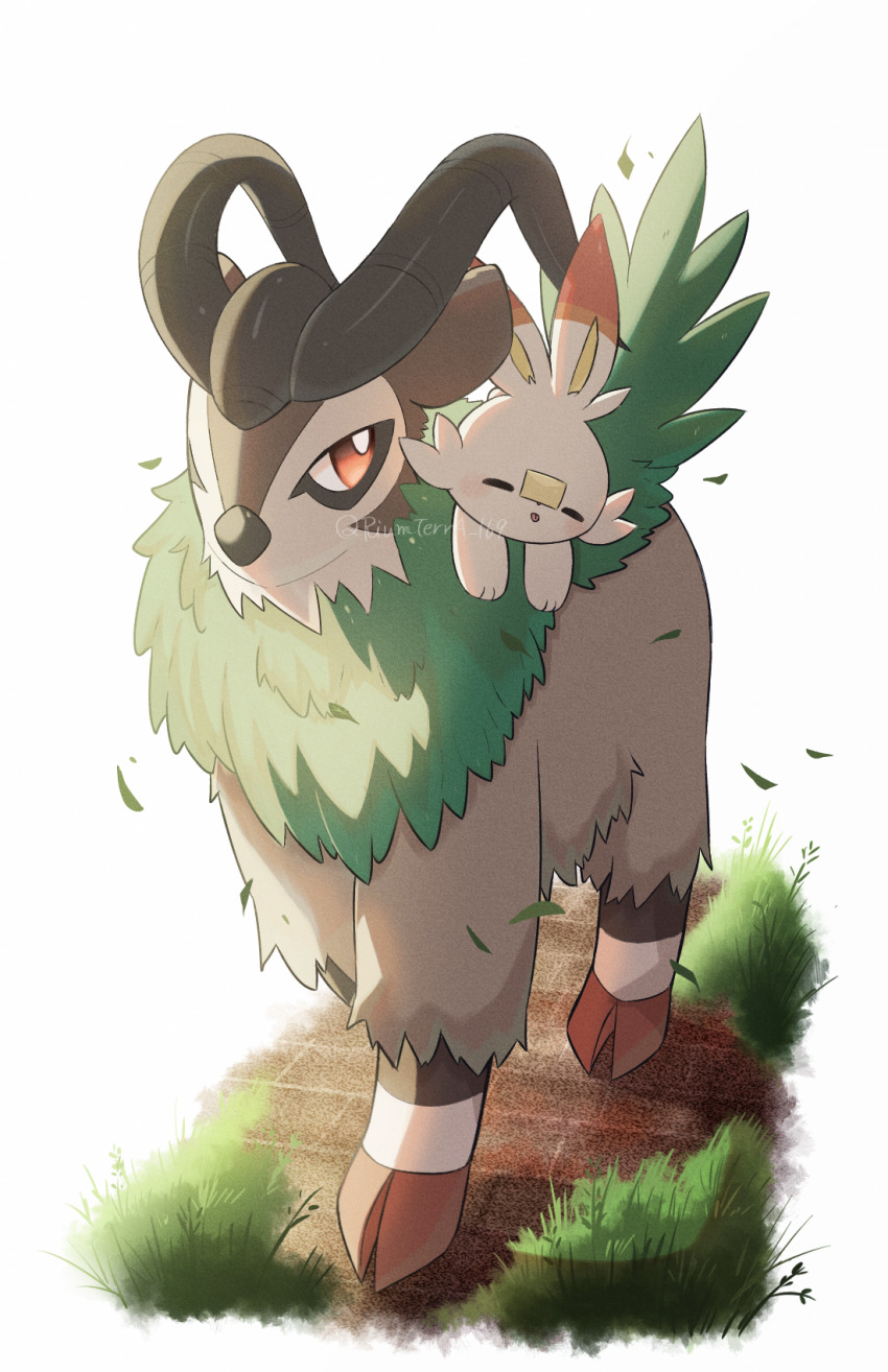 brown_eyes closed_eyes full_body gen_6_pokemon gen_8_pokemon goat gogoat grass highres nintendo no_humans pokemon pokemon_(creature) rabbit riumterra_169 scorbunny sleeping standing twitter_username white_background