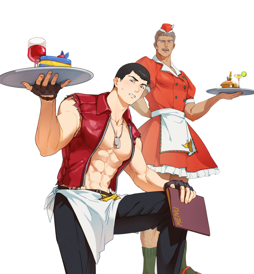 2boys abs alternate_costume apron bara black_hair dog_tags dress facial_hair feet_out_of_frame grey_hair highres holding holding_menu holding_tray large_pectorals looking_at_viewer male_focus mature_male menu multiple_boys muscular muscular_male mustache old old_man on_one_knee pectoral_cleavage pectorals poyosoftware red_dress ryuji_satake short_hair sideburns_stubble standing stomach stubble sweatdrop thick_eyebrows thick_mustache thomas_j._prahmman tray waist_apron waiter yuuki_bakuhatsu_bang_bravern
