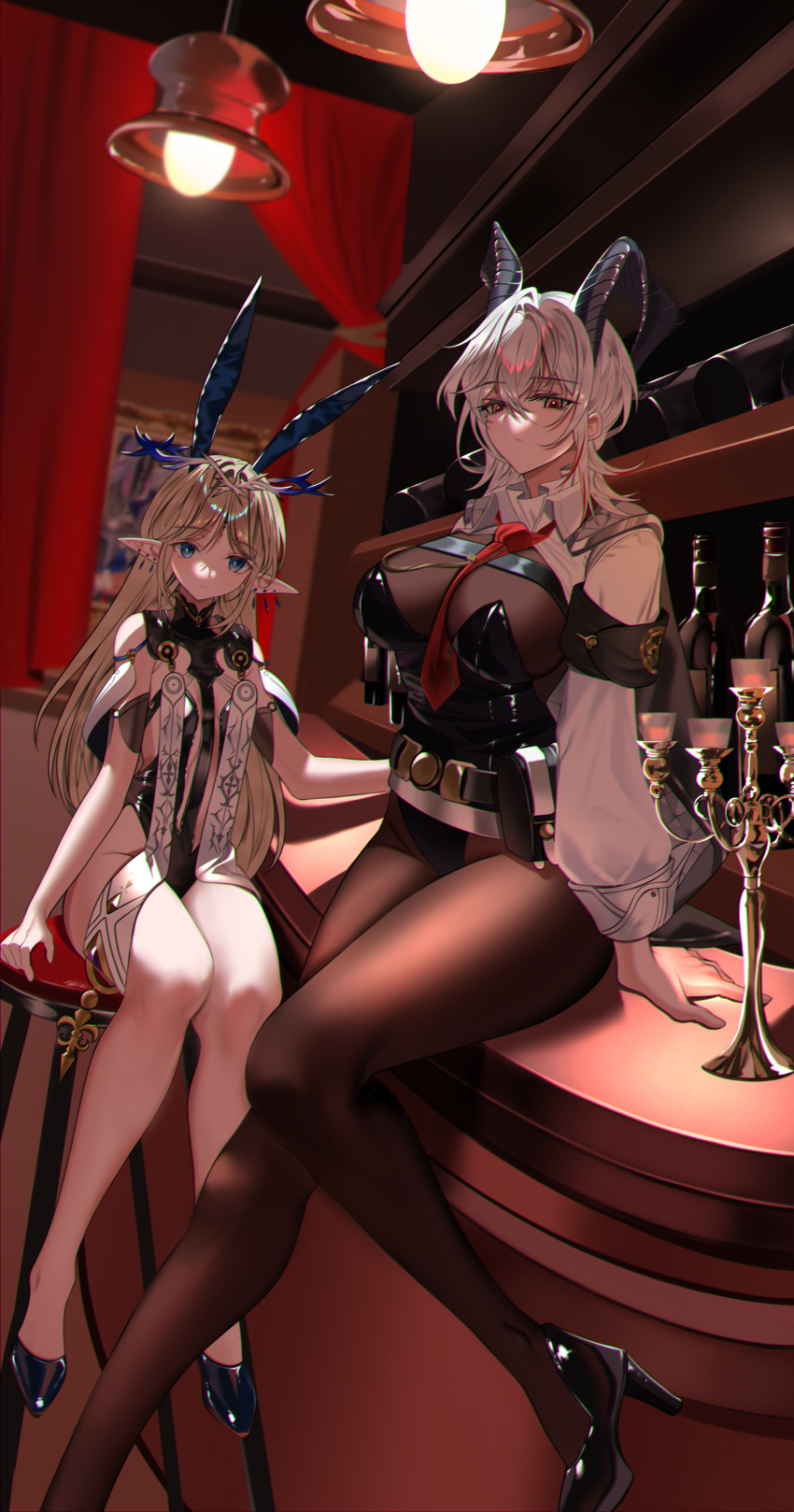 2girls absurdres alcohol alternate_costume animal_ears bar_(place) bar_stool bare_shoulders bartender belt belt_pouch black_bodysuit black_collar black_dress black_leotard black_pantyhose blonde_hair blue_eyes bodysuit bottle breasts candlestand cartethyia_(wuthering_waves) cleavage collar collared_shirt commentary crown_of_thorns curtains dress earrings high_heels highres horns indoors jewelry large_breasts leotard long_hair looking_at_viewer multiple_girls necktie overhead_lights pantyhose parted_bangs pointy_ears pouch red_necktie see-through_cleavage see-through_clothes shirt sitting small_breasts smu_(xhsg8274) stool tabard white_hair white_shirt white_tabard wuthering_waves zani_(wuthering_waves)