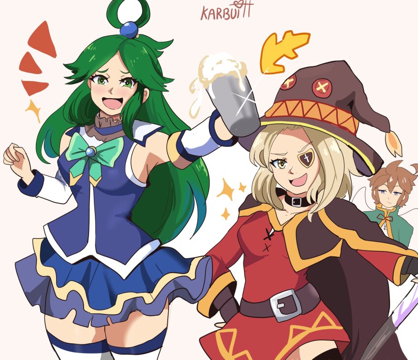 1boy 2girls aqua_(konosuba) aqua_(konosuba)_(cosplay) aqua_bow artist_name beer_mug belt black_belt black_cape black_hat black_thighhighs blonde_hair blue_eyes blue_skirt blue_vest bow breasts brown_hair cape cosplay cup dress eyepatch green_cape green_eyes green_hair grey_shirt hair_rings hat highres karbuitt kid_icarus kid_icarus_uprising kono_subarashii_sekai_ni_shukufuku_wo! long_hair long_sleeves looking_at_viewer matching_hair/eyes medium_breasts megumin megumin_(cosplay) miniskirt mug multiple_girls nintendo palutena pit_(kid_icarus) red_dress satou_kazuma satou_kazuma_(cosplay) shirt short_hair single_thighhigh skirt smile thighhighs vest viridi white_background white_thighhighs yellow_eyes