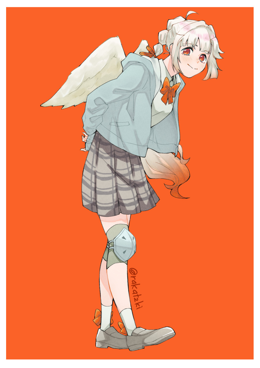 1girl absurdres ahoge alternate_hair_color anyoji_hime arms_behind_back blue_eyes blue_jacket blunt_bangs border bow bow_legwear bowtie collared_shirt commentary cosplay dress_shirt full_body gradient_hair grey_hair grey_shoes grey_skirt hair_intakes hair_ribbon highres hood hooded_jacket jacket leaning_forward link!_like!_love_live! loafers long_hair love-bullet love_live! medium_skirt multi-tied_hair multicolored_hair open_clothes open_jacket orange_background orange_bow orange_bowtie orange_hair orange_ribbon plaid_clothes plaid_skirt pleated_skirt ponytail rakatzki ribbon shirt shoes sidelocks simple_background skirt socks solo swept_bangs very_long_hair white_border white_shirt white_socks