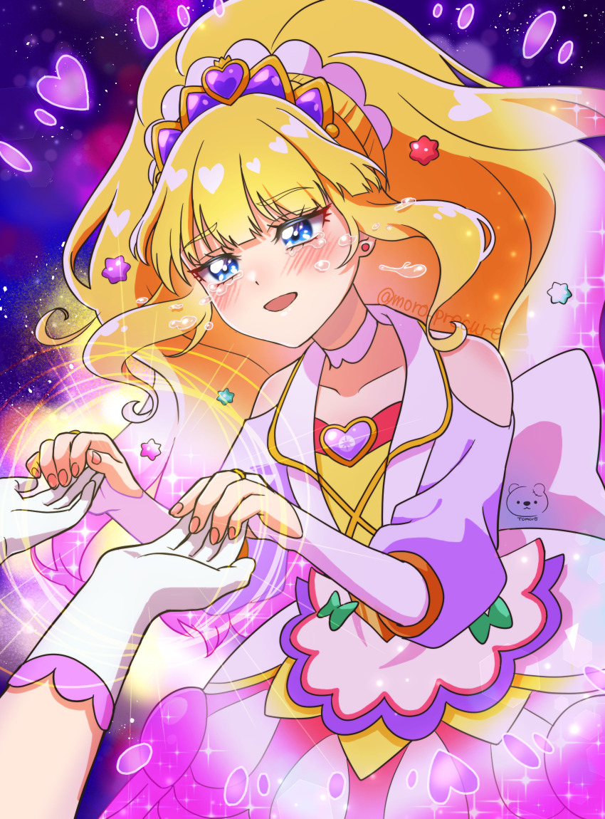 2girls artist_name back_bow big_hair blonde_hair blue_eyes blunt_bangs bow bridal_gauntlets brooch candy candy_hair_ornament choker clothing_cutout commentary_request crying crying_with_eyes_open cure_finale cure_precious delicious_party_precure dress food food-themed_hair_ornament gloves hair_ornament half-closed_eyes heart heart_brooch highres holding_hands huge_bow jewelry kasai_amane konpeitou long_sleeves moro_precure multiple_girls nagomi_yui partial_commentary precure shoulder_cutout signature sparkle tears tiara twitter_username white_bow white_choker white_dress white_gloves