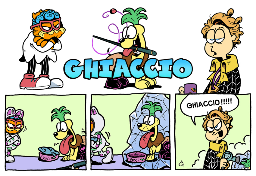 3boys angry beach_boy_(stand) blonde_hair blue_eyes blue_hair comic crossed_arms cup curly_hair fish pet_bowl frozen garfield garfield_(character) ghiaccio glasses green_hair hair_dryer highres ice jim_davis_(style) jojo_no_kimyou_na_bouken jon_arbuckle kutaraa male_focus mug multiple_boys odie pants parody pesci prosciutto shouting striped the_grateful_dead_(stand) theft vento_aureo white_album_(stand)