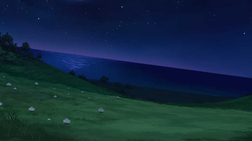 atmospheric_perspective beach bush cloud cloudy_sky dirt_road dutch_angle flower grass highres hill horizon large_variant_set night night_sky no_humans non-web_source our_life:_beginnings_and_always outdoors poppy_(flower) road scenery sky star_(sky) starry_sky too_many_flowers variant_set