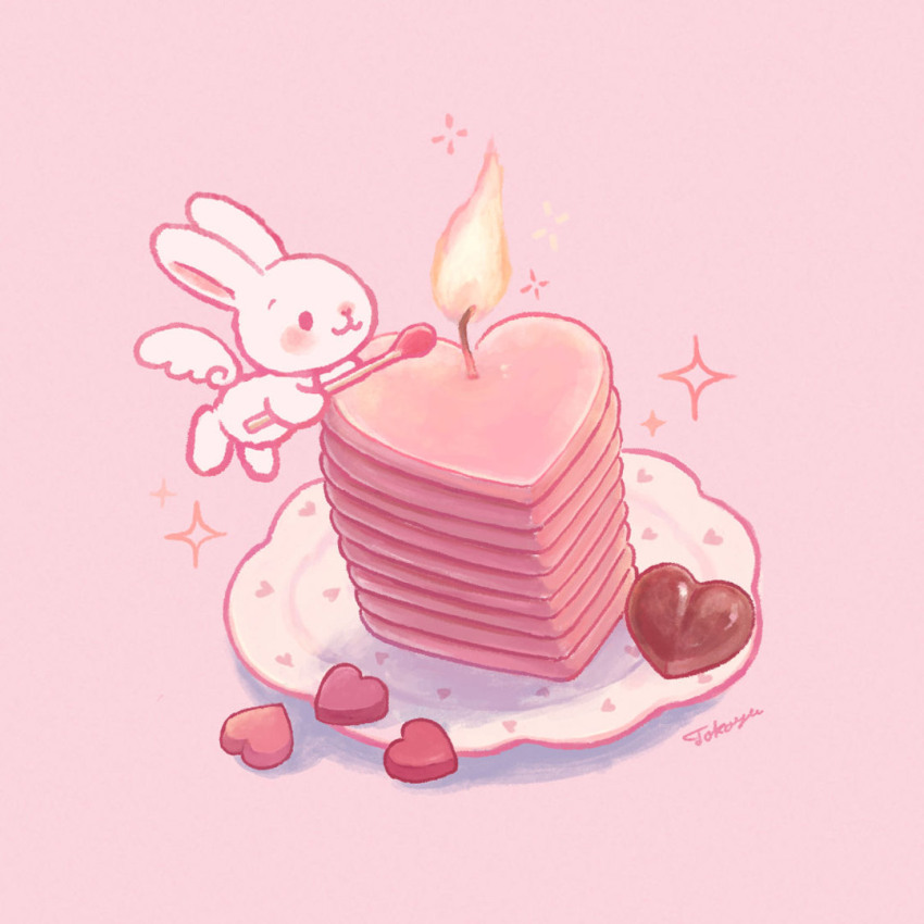 artist_name blush candle candy chocolate chocolate_heart commentary_request fire flying food heart holding holding_matchstick matches midair no_humans object_focus original pink_background pink_theme rabbit signature simple_background solo sparkle sweets tokoyu white_rabbit_(animal)