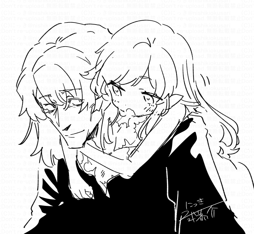 1boy 1girl :o arms_around_neck bare_arms bare_shoulders blush closed_mouth curse_maker curse_maker_1 doctor_magus doctor_magus_4 etrian_odyssey fang greyscale hair_between_eyes highres hug hug_from_behind long_hair monochrome nikki_kyousuke open_mouth pointy_ears shirt signature simple_background smile upper_body watermark white_background