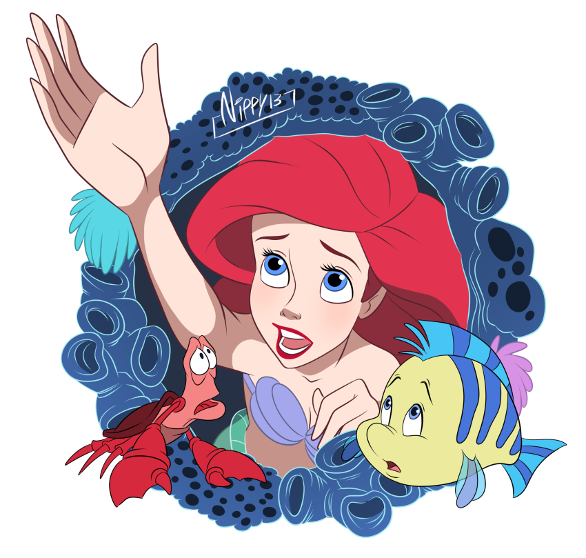 1girl absurdres ariel_(disney) artist_name blue_eyes fish flounder_(the_little_mermaid) highres lobster long_hair looking_at_viewer nippy13 open_mouth red_hair sebastian_(disney) simple_background teeth the_little_mermaid_(disney) watermark white_background