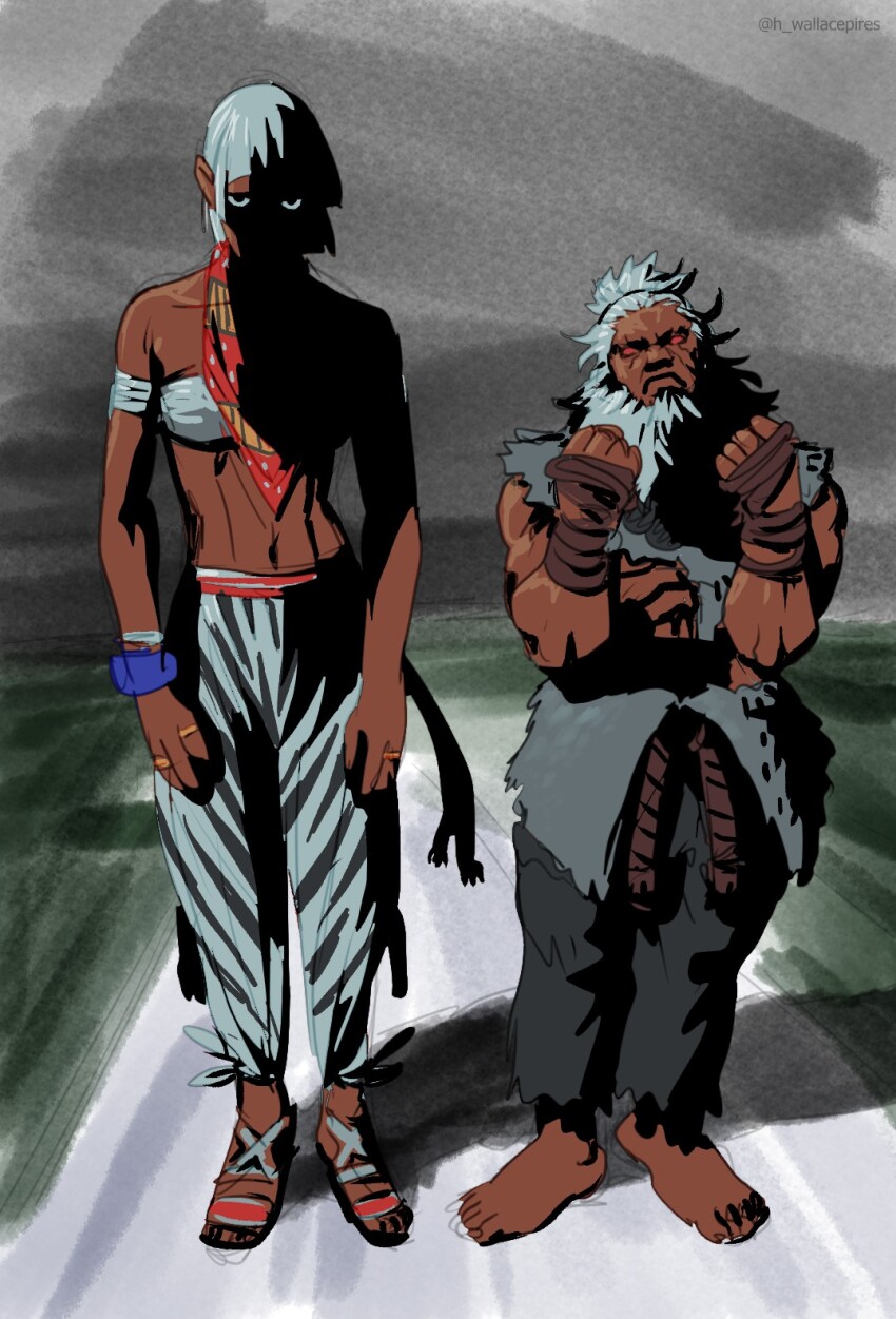 akuma_(street_fighter) animal_print armlet bandeau barefoot beard bracelet dark-skinned_female dark-skinned_male dark_skin elena_(street_fighter) eyes_in_shadow face_in_shadow facial_hair frown glaring grey_hair highres jewelry meme muscular muscular_male sandals scarf shaded_face side-by-side standing street_fighter street_fighter_6 tall_female toned toned_female topknot wallace_pires white_bandeau why_dis_ninja_look_so_mad_(meme) zebra_print