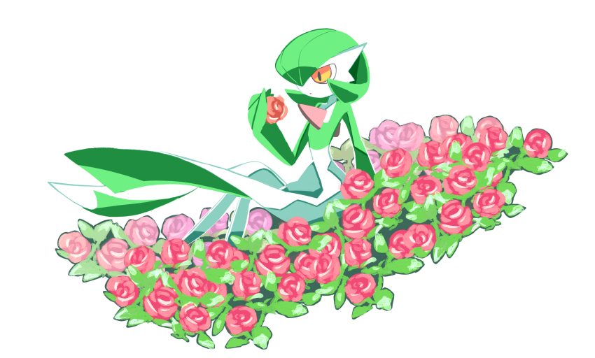 bed_of_roses bob_cut colored_skin dress flower gardevoir gen_3_pokemon green_hair green_skin hair_over_one_eye highres kamoruto multicolored_skin nintendo no_feet pink_eyes pink_flower pink_rose pokemon pokemon_(creature) rose simple_background sitting two-tone_skin white_background white_dress white_skin