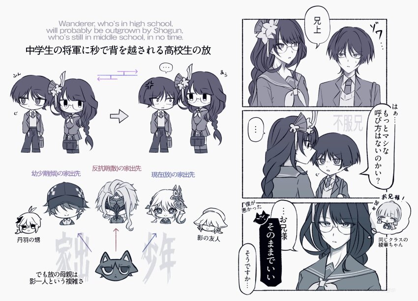 ... 3girls 4boys alternate_costume alternate_universe anger_vein animal_ears annoyed antenna_hair arms_at_sides arrow_(symbol) asymmetrical_sidelocks ayaka_(genshin_impact) bag beret bespectacled blunt_ends braid briefcase brother_and_sister chibi closed_mouth collared_shirt contemporary cross-shaped_pupils dottore_(genshin_impact) english_text eye_mask faceless faceless_male facing_viewer fan_hair_ornament feathers flower fox_ears genshin_impact glasses greyscale hair_flower hair_ornament half_crown_braid haru8_gnsn hat height_difference highres holding holding_bag kaedehara_kazuha leaf leaf_hair_ornament long_hair long_sleeves looking_at_another looking_at_viewer looking_to_the_side low-braided_long_hair low-tied_long_hair mask mixed-language_text mole mole_under_eye monochrome multicolored_hair multiple_boys multiple_girls nahida_(genshin_impact) neckerchief necktie niwa_(genshin_impact) pants peaked_cap pleated_skirt pointy_ears puff_of_air raiden_shogun relationship_graph sailor_collar scaramouche_(cat)_(genshin_impact) scaramouche_(genshin_impact) school_briefcase school_uniform serafuku shirt siblings side_ponytail sidelocks skirt slit_pupils smile spoken_character spoken_ellipsis standing streaked_hair sweatdrop sweater_vest symbol-shaped_pupils tassel tassel_hair_ornament translation_request tsurime undershirt white_background wide-eyed wispy_bangs yae_miko