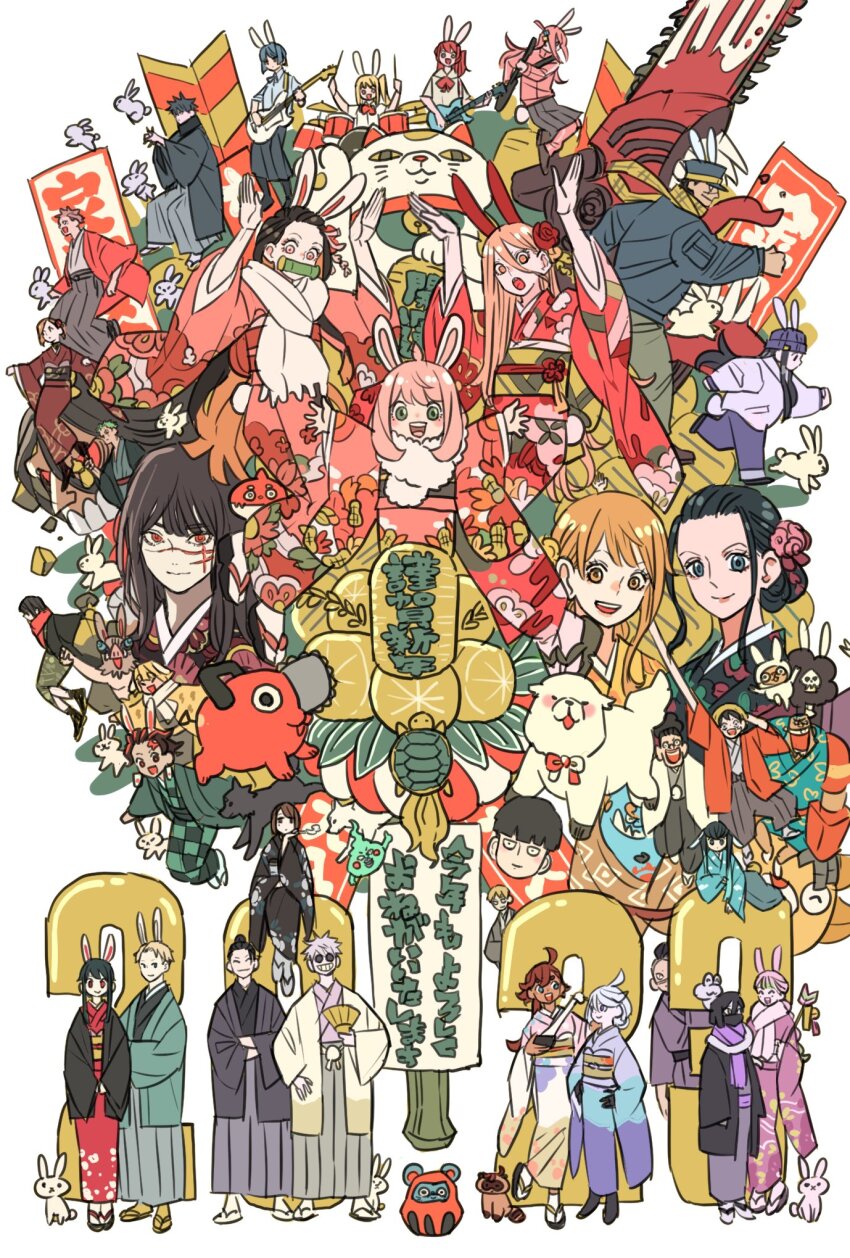 2023 6+boys 6+girls ^_^ agatsuma_zenitsu ahoge alternate_form animal animal_ears anya_(spy_x_family) asirpa aura black_hair blonde_hair blood blue_eyes blue_hair blunt_bangs boar_mask bob_cut bocchi_the_rock! bond_(spy_x_family) brook_(one_piece) brother_and_sister cat chainsaw_man character_request checkered_clothes checkered_kimono cigarette closed_eyes commentary_request datto_(jujutsu_kaisen) denji_(chainsaw_man) dog drum drum_set drumsticks ekubo_(mob_psycho_100) facial_hair fake_animal_ears floral_print floral_print_kimono franky_(one_piece) fur-trimmed_kimono fur_trim fushiguro_megumi getou_suguru goatee gojou_satoru golden_kamuy gotoh_hitori guitar gundam gundam_suisei_no_majo gyokuken hair_between_eyes hair_bun hakama hand_fan hand_on_own_hip haori hat highres holding holding_cigarette holding_drumsticks holding_fan holding_guitar holding_instrument ieiri_shoko iguro_obanai ijichi_nijika instrument itadori_yuuji jacket japanese_clothes jinbe_(one_piece) jujutsu_kaisen kaburamaru kageyama_shigeo kamado_nezuko kamado_tanjirou kanroji_mitsuri kimetsu_no_yaiba kimono kita_ikuyo kugisaki_nobara long_hair looking_at_viewer mask mikasa_ackerman miorine_rembran mob_psycho_100 mole monkey_d._luffy monster_strike mouth_mask multiple_boys multiple_girls nami_(one_piece) nico_robin obi one_piece oragon orange_eyes orange_hair pink_eyes pink_hair pink_jacket pink_kimono pochita_(chainsaw_man) ponytail power_(chainsaw_man) print_kimono purple_kimono rabbit red_eyes red_hair red_kimono reigen_arataka reze_(chainsaw_man) roronoa_zoro sanji_(one_piece) sash scar scar_on_face scarf shinazugawa_genya shingeki_no_kyojin short_hair siblings sidelocks smoke spy_x_family straw_hat sugimoto_saichi suletta_mercury takeuchi_ryousuke takeuchi_ryousuke_(character) tanuki thousand_sunny tokitou_muichirou tony_tony_chopper turtle twilight_(spy_x_family) usopp white_hair wide_sleeves yamada_ryo yor_briar