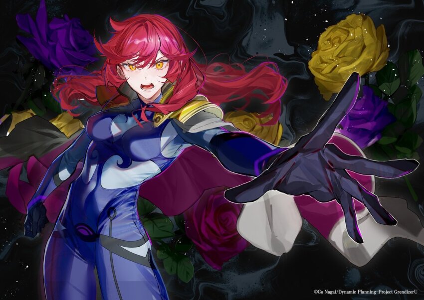 1girl black_gloves bodysuit breasts cape commentary_request gloves grendizer_u long_hair looking_at_viewer mazinger_(series) official_art open_mouth red_hair teronna_aqua_vega ufo_robo_grendizer yellow_eyes