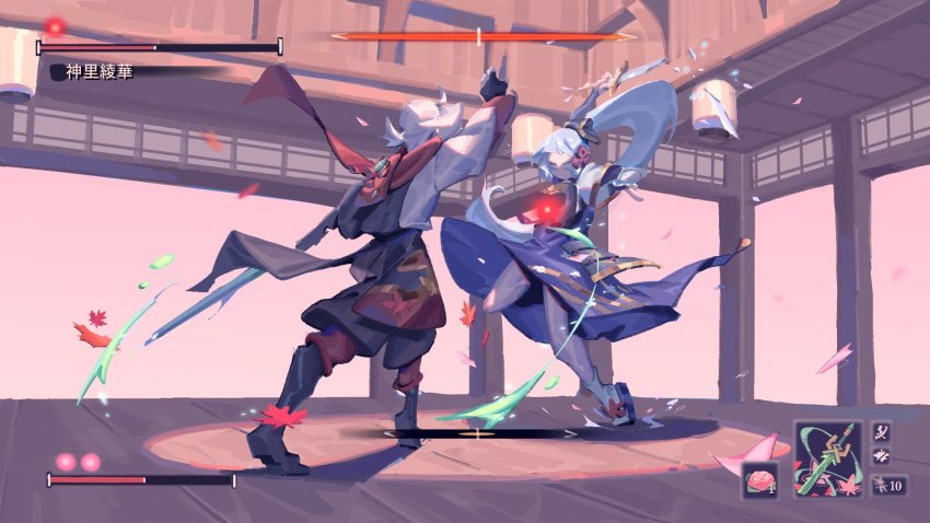 1boy 1girl arm_up armor ayaka_(genshin_impact) commentary duel english_commentary closed_eyes floral_print fortisselle gameplay_mechanics genshin_impact health_bar highres holding holding_sword holding_weapon indoors japanese_armor japanese_clothes kaedehara_kazuha leaf leaf_print multicolored_hair parody ponytail red_hair sekiro:_shadows_die_twice sidelocks streaked_hair sword vision_(genshin_impact) weapon white_hair