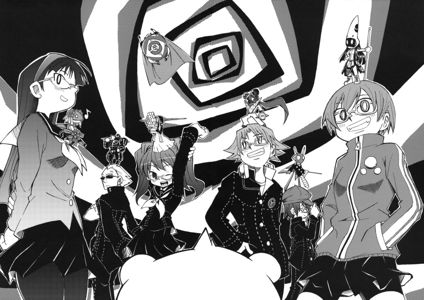 6+boys 6+girls amagi_yukiko androgynous atlus badge bear bike_shorts blush button_badge cabbie_hat cardigan chibi crossed_arms delinquent detective dual_persona ear_piercing earrings everyone glasses greyscale grin hairband hanamura_yousuke hand_in_pocket hand_on_headwear hands_in_pockets hat headphones headphones_around_neck highres himiko_(persona_4) jacket jacket_on_shoulders jewelry jiraiya_(persona_4) kintoki-douji konohana_sakuya_(persona) kujikawa_rise kuma_(persona_4) kurogane_gin long_hair monochrome multiple_boys multiple_girls muscular narukami_yu one_eye_closed pantyhose persona persona_4 piercing reverse_trap satonaka_chie scar school_uniform serafuku serious shirogane_naoto skirt smile spiked_hair spiral sukuna_hikona sunglasses sweater take-mikazuchi tatsumi_kanji tomboy tomoe_(persona_4) track_jacket twintails wings wink