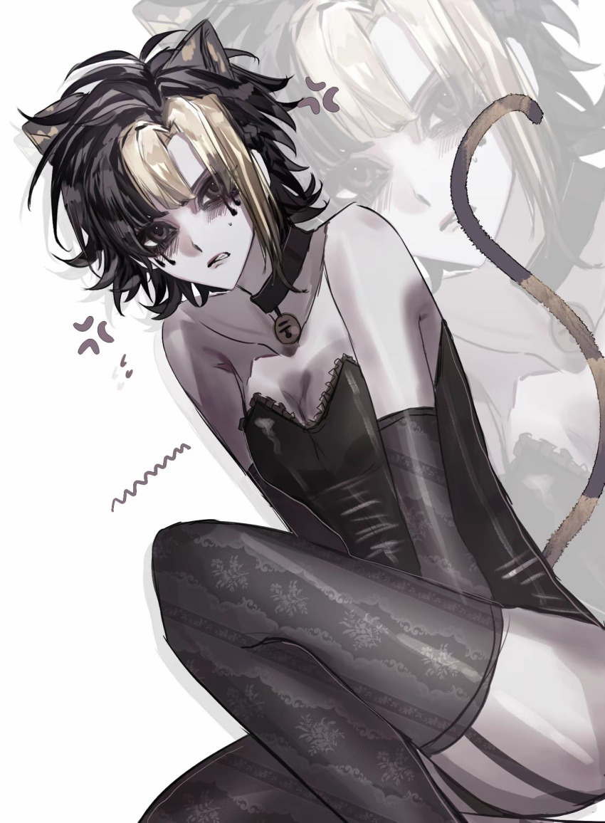 1girl alternate_costume anger_vein animal_ears bell black_choker black_eyes black_gloves black_hair black_leotard black_thighhighs blonde_hair breasts cat_ears cat_girl cat_tail chinese_commentary choker cleavage commentary_request elbow_gloves gloves highres kemonomimi_mode kimi_ga_shine leotard looking_at_viewer makeup moyu_shuang multicolored_hair neck_bell short_hair small_breasts solo sweat tail thighhighs two-tone_hair yabusame_reko zoom_layer