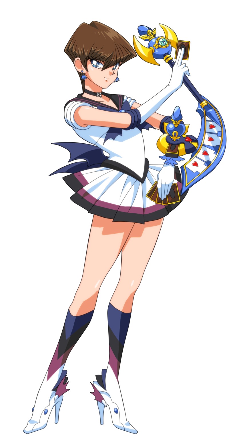 1girl bishoujo_senshi_sailor_moon blue_eyes brown_hair card choker collarbone cosplay crossdressing crossdressing_(ftm) duel_disk earrings elbow_gloves female_focus full_body genderswap genderswap_(mtf) gloves high_heels highres holding holding_card jewelry kaiba_seto miniskirt parody pleated_skirt rei_(islaya) sailor_senshi sailor_senshi_(cosplay) short_hair skirt smile solo unofficial_sailor_senshi_uniform white_gloves yu-gi-oh!