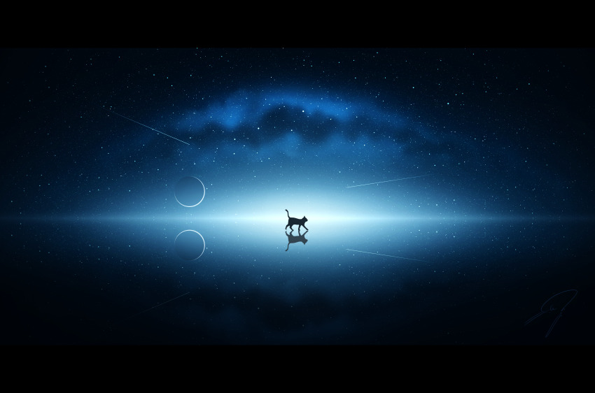 absurdres cat commentary_request crescent_moon highres letterboxed milky_way moon nengoro night night_sky no_humans original reflection scenery shooting_star signature silhouette sky sky_focus star_(sky) starry_sky
