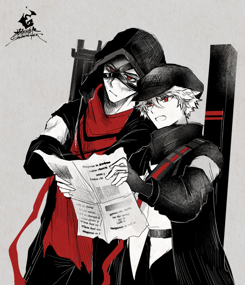 2boys arknights newsboy_cap closed_mouth fingerless_gloves gloves grey_background hair_between_eyes hat hateful_avenger_(arknights) highres holding hood hood_up hooded_jacket jacket long_sleeves male_focus monochrome multiple_boys oonohara_kenya open_clothes open_jacket open_mouth puffy_long_sleeves puffy_sleeves red_(npc)_(arknights) red_eyes red_shirt shirt signature simple_background