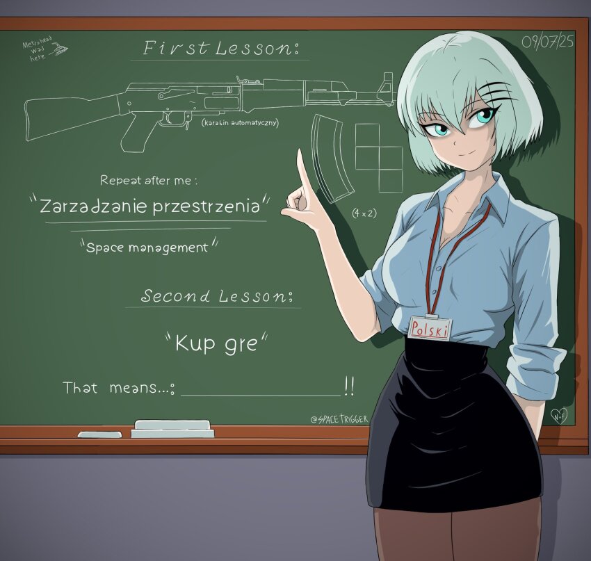 1girl alternate_language aqua_eyes aqua_hair blue_shirt breasts chalkboard collared_shirt commentary cowboy_shot dated drawing_(object) english_commentary english_text gun hair_ornament hairclip highres id_card indoors lanyard large_breasts looking_to_the_side magazine_(weapon) marie_(peripeteia) official_alternate_costume open_collar pantyhose partially_translated pencil_skirt peripeteia pointing pointing_up polish_text rifle shadow shirt short_hair signature skirt sleeves_rolled_up solo spacetriggah tetromino text_focus translation_request typo weapon weapon_request