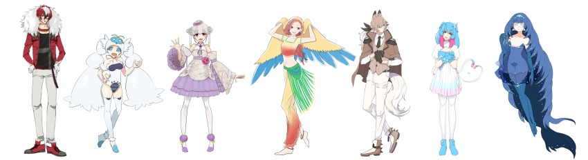 2boys 4girls :d :o absurdly_long_hair absurdres animal_ears ankleband archeops barefoot black_gloves black_neckwear blue_eyes blue_footwear blue_gloves blue_hair blue_legwear bow brown_footwear brown_hair cape crabrawler dress elbow_gloves epaulettes flower fur_trim gen_5_pokemon gen_6_pokemon gen_7_pokemon gloves grey_pants hair_bow hand_on_own_hip hand_up hands_in_pockets hands_on_own_hips hat highres itsuya_(yakitori) long_hair lycanroc lycanroc_(midday) lycanroc_(midnight) mask midriff mienshao multiple_boys multiple_girls navel nintendo open_mouth pants pantyhose personification pokemon purple_cap purple_dress purple_hat red_footwear red_hair see-through_clothes shoes skirt smile sneakers spiked_shoes spikes standing stitches striped sylveon tail thighhighs twintails unworn_mask vertical_stripes very_long_hair vest white_eyes white_gloves white_hair white_legwear white_pants wide_sleeves wishiwashi wishiwashi_(school)