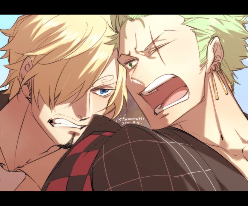 2boys blonde_hair blue_eyes clenched_teeth close-up curly_eyebrows dated earrings emase_(foxmoon) facial_hair goatee hair_over_one_eye jewelry letterboxed male_focus multiple_boys mustache one_eye_closed one_piece one_piece_film:_z open_mouth roronoa_zoro sanji_(one_piece) scar scar_across_eye scar_on_face short_hair sideburns teeth twitter_username