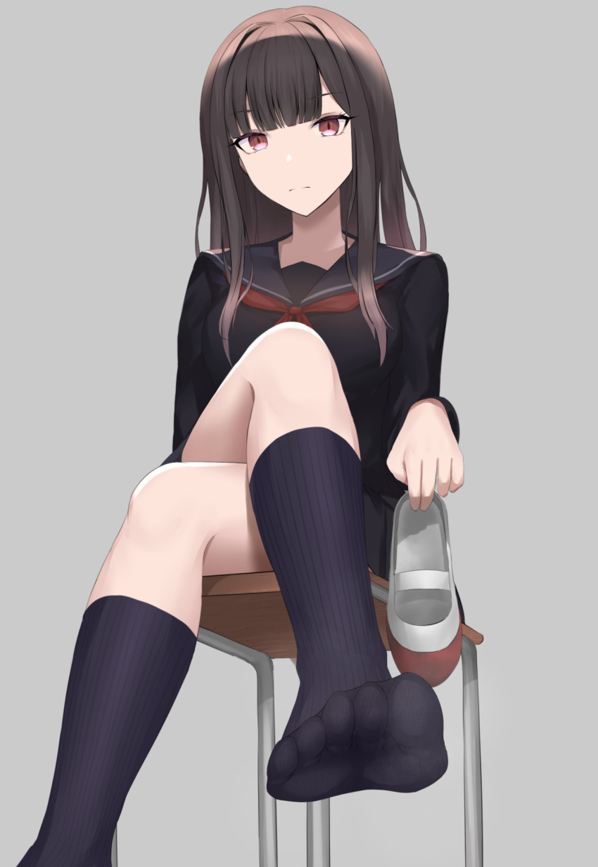 1girl black_serafuku black_socks brown_hair chair crossed_legs feet highres long_hair looking_at_viewer red_eyes sajina school_chair school_uniform serafuku shoes socks soles steam toes unworn_shoes uwabaki