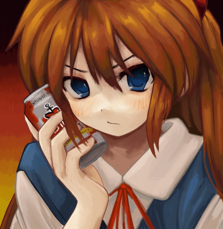 1girl :/ alcohol annoyed astra_rakete beer blue_eyes blue_skirt blush bow bowtie can close-up closed_mouth collared_shirt commentary_request dress_shirt drink german_commentary german_text gradient_background hair_between_eyes hand_on_own_face hand_up highres holding holding_can holding_drink interface_headset_(evangelion) long_hair looking_at_viewer neck_ribbon neon_genesis_evangelion orange_background portrait red_bow red_bowtie red_hair red_ribbon ribbon school_uniform shirt skirt solo souryuu_asuka_langley suspender_skirt suspenders tokyo-3_middle_school_uniform translation_request two_side_up v-shaped_eyebrows white_shirt zoolpal