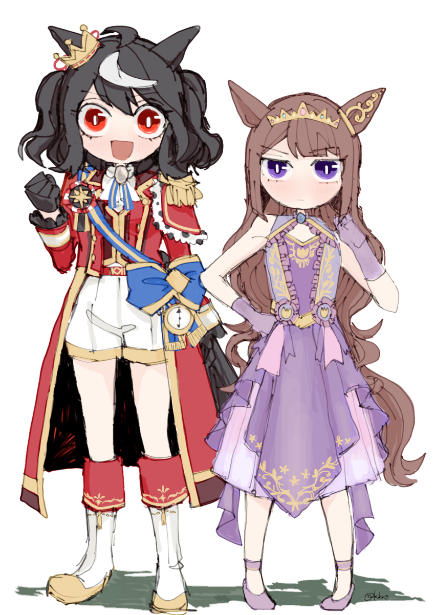 2girls animal_ears black_hair blush boots bright_pupils chibi chibi_only coat crown dress ear_through_crown epaulettes from_behind gloves highres horse_ears horse_girl horse_tail kawakami_(kwkm_g) kitasan_black_(final_bloom)_(umamusume) kitasan_black_(umamusume) long_hair looking_at_viewer medium_hair mini_crown multicolored_hair multiple_girls official_alternate_costume purple_dress purple_eyes purple_gloves red_coat red_eyes shorts sleeveless sleeveless_dress streaked_hair sweep_tosho_(realize_rune)_(umamusume) sweep_tosho_(umamusume) tail tiara tilted_headwear two_side_up umamusume white_boots white_hair white_pupils white_shorts
