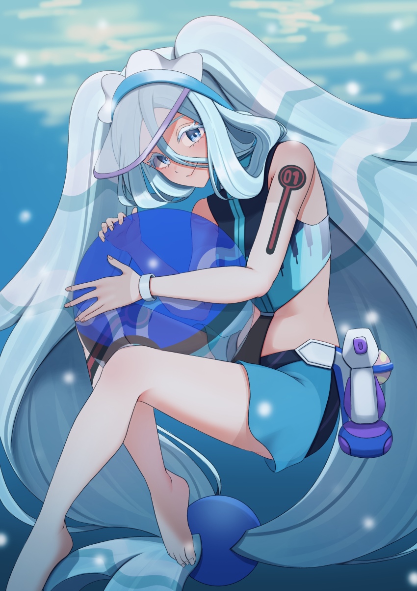 1girl absurdres arm_tattoo ball barefoot beachball blue_eyes bracelet closed_mouth colored_eyelashes commentary_request hair_between_eyes hatsune_miku highres holding jewelry knees_together_feet_apart long_hair looking_at_viewer mochitaro_(mothitaroo) nintendo pokemon potion_(pokemon) project_voltage see-through_clothes see-through_headwear smile solo swimsuit tattoo toes twintails visor_cap vocaloid water_miku_(project_voltage)