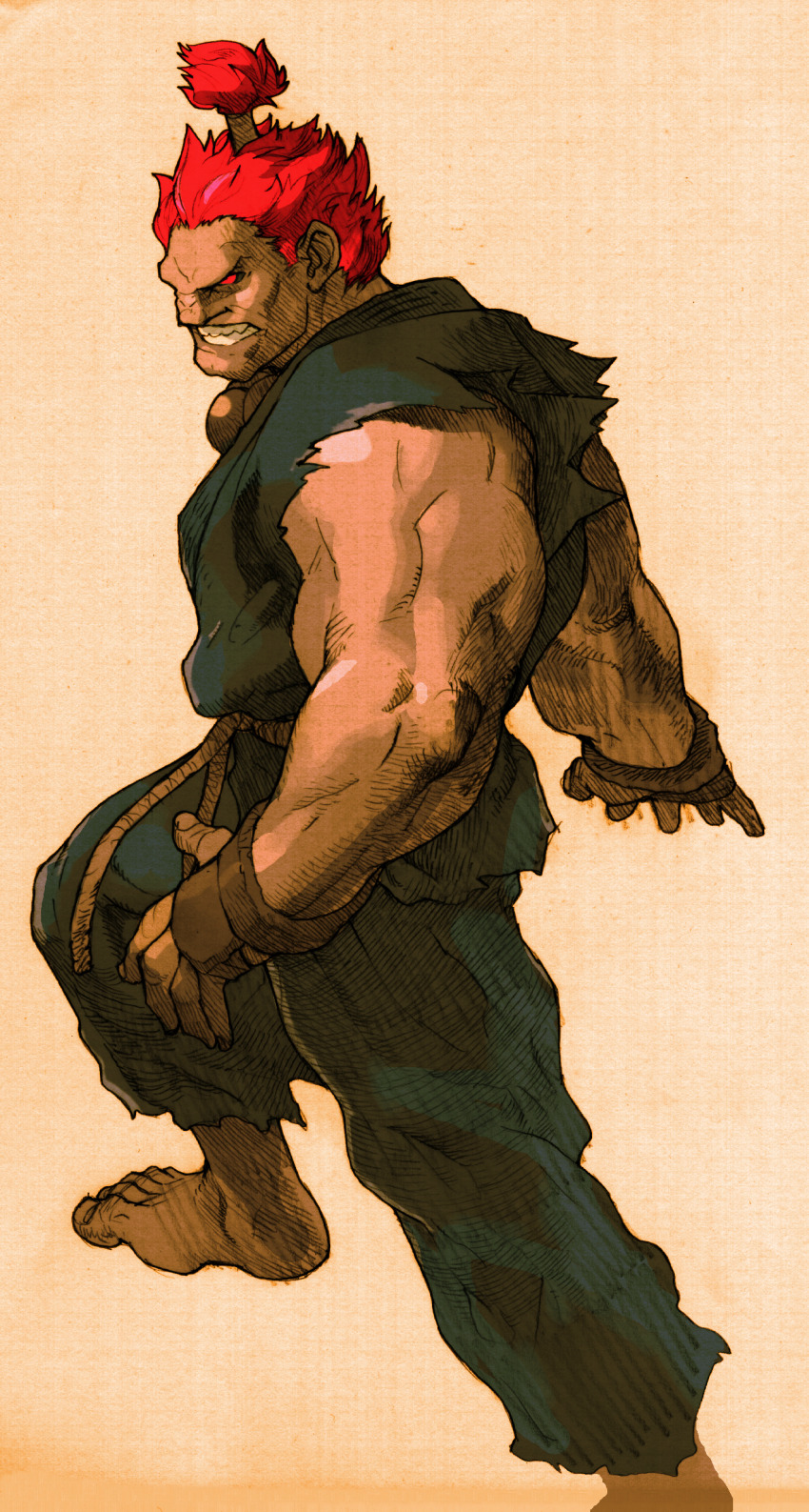 1boy absurdres akuma_(street_fighter) angry barefoot beads bengus capcom clenched_teeth dougi game_cg gloves highres karate_gi male_focus martial_arts_belt marvel marvel_vs._capcom marvel_vs._capcom_2 muscular muscular_male non-web_source official_art prayer_beads red_eyes red_hair scan short_hair simple_background solo street_fighter teeth topknot