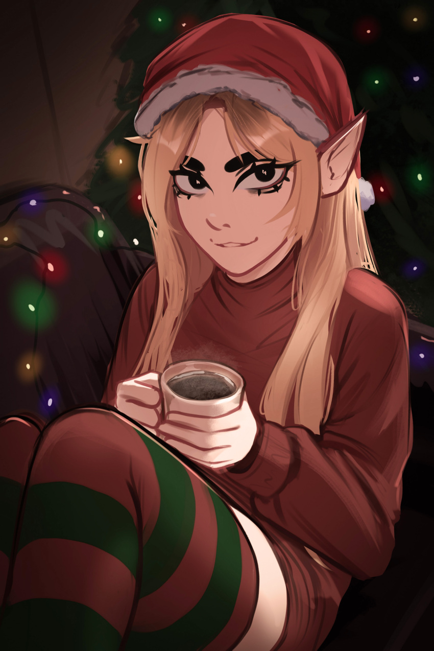 1girl absurdres black_eyes blonde_hair christmas christmas_lights christmas_tree coffee couch cup elf hat highres holding holding_cup jessie_(veyonis) knees_up long_hair looking_at_viewer messy_hair on_couch original parted_lips pointy_ears red_sweater santa_hat sitting smile solo striped_clothes striped_thighhighs sweater thighhighs turtleneck turtleneck_sweater veyonis
