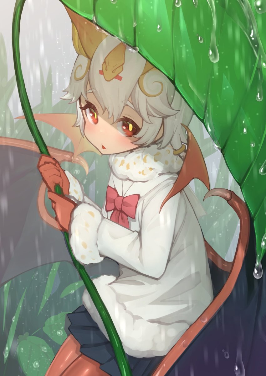 akuma_(st.takuma) animal_ears bat_ears bat_girl bat_wings black_skirt blonde_hair bow bowtie fur_collar fur_trim gloves highres honduran_white_bat_(kemono_friends) kemono_friends leaf leaf_umbrella long_sleeves looking_at_viewer multicolored_hair pantyhose pleated_skirt rain red_bow red_bowtie red_eyes red_gloves red_pantyhose sailor_collar short_hair skirt solo sweater white_fur white_hair white_sweater wings