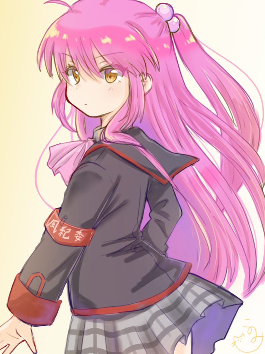 1girl ahoge armband black_jacket bow closed_mouth commentary cowboy_shot eyelashes eyes_visible_through_hair from_side frown futaki_kanata grey_shirt hair_between_eyes hair_bobbles hair_ornament hand_on_own_hip highres jacket konomi_(konomi00e) light_blush little_busters! little_busters!_school_uniform long_hair long_sleeves looking_at_viewer miniskirt pink_bow plaid_clothes plaid_skirt pleated_skirt ponytail purple_hair red_armband school_uniform shirt short_ponytail sidelocks signature simple_background skirt solo thighhighs translated v-shaped_eyebrows very_long_hair yellow_background yellow_eyes