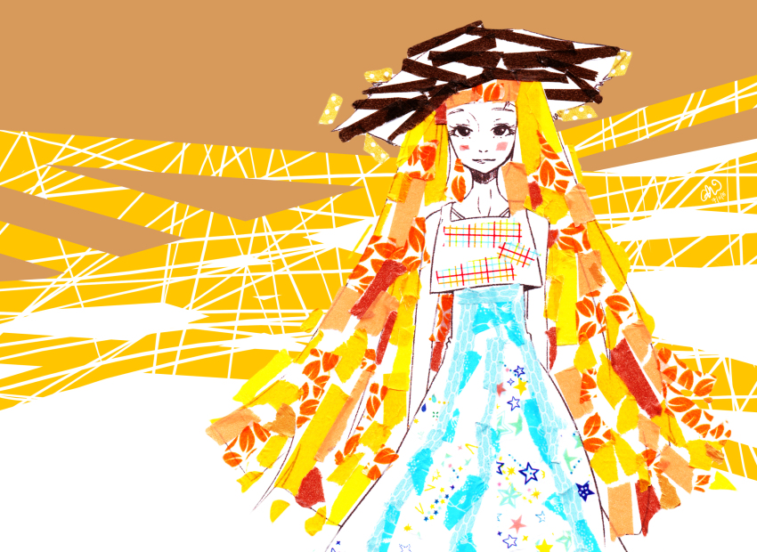 1girl arms_at_sides bare_arms bare_shoulders black_eyes blonde_hair blue_dress blunt_bangs blunt_ends blush brown_hat cathinthecloud commentary cowboy_shot crop_top dress dress_under_shirt english_commentary expressionless hat highres long_hair looking_at_viewer masking_tape_(medium) mixed_media multicolored_hair orange_background orange_hair original red_hair shirt solo star_(symbol) straight-on striped_clothes striped_dress traditional_media two-tone_background unconventional_media vertical-striped_clothes vertical-striped_dress very_long_hair white_background white_dress white_shirt wide_brim
