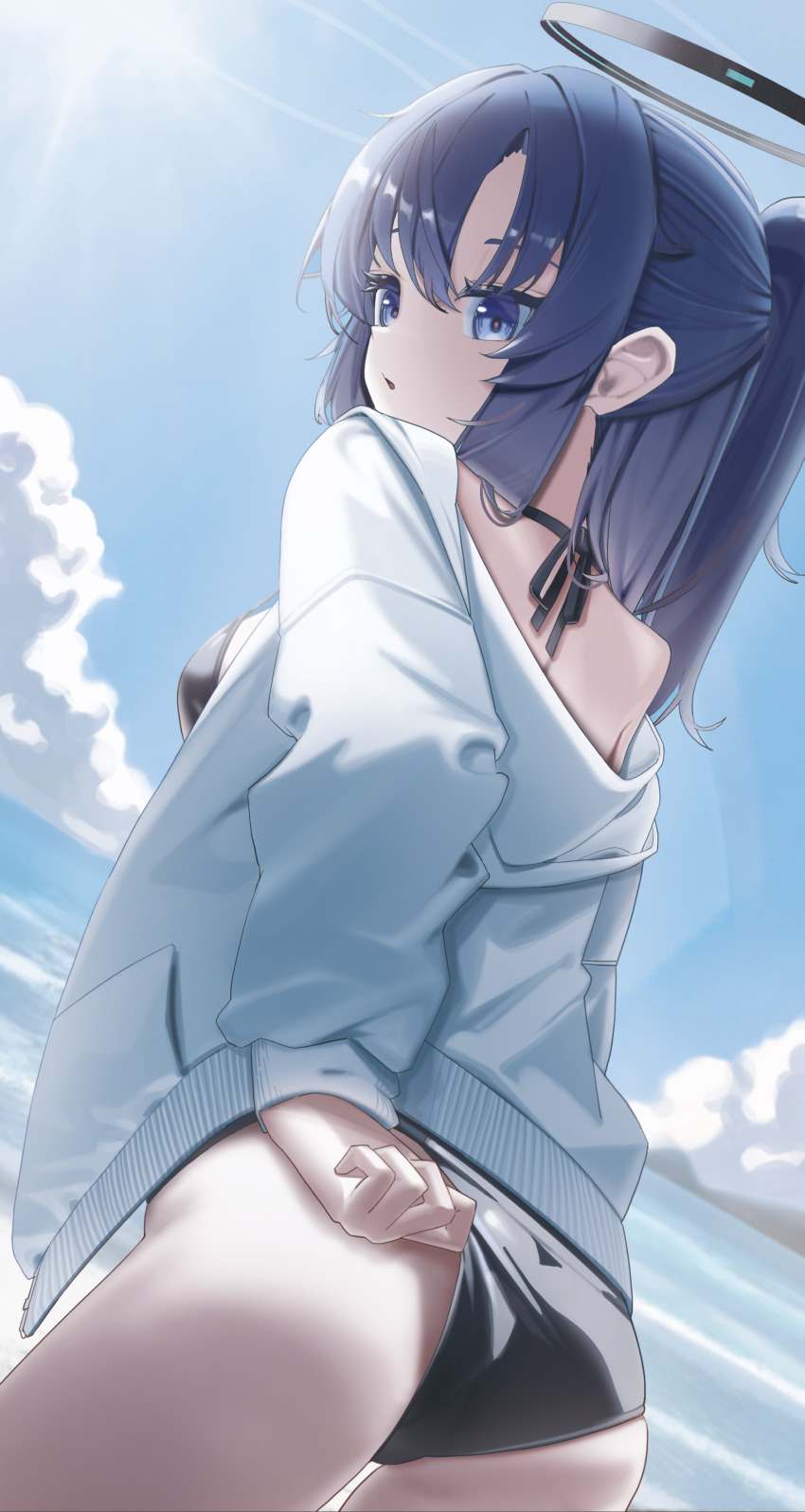 1girl absurdres adjusting_clothes adjusting_swimsuit alternate_costume arm_behind_back ass bikini black_bikini black_halo blue_archive blue_eyes blue_sky commentary_request cowboy_shot day dutch_angle eyebrows_hidden_by_hair from_behind hair_between_eyes hair_intakes hair_over_shoulder half_updo halo halterneck highres jacket long_hair looking_at_viewer looking_back marks_(dmhunsu10) mechanical_halo ocean outdoors parted_lips pink_pupils ponytail sidelocks single_bare_shoulder sky solo swimsuit white_jacket yuuka_(blue_archive)