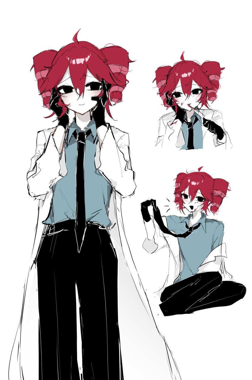 1girl black_eyes black_gloves black_necktie black_pants blood blood_on_arm blood_on_face bloody_knife blue_shirt chibi chibi_inset closed_mouth coat doctor drill_hair gloves hair_between_eyes hands_on_own_face hands_up highres holding holding_knife holding_necktie holding_weapon igaku_(utau) kasane_teto knife lab_coat licking licking_blade licking_blood licking_weapon long_sleeves necktie no_pupils open_clothes open_coat pants parted_lips shirt shirt_tucked_in short_hair simple_background sitting smile twin_drills ummwa utau weapon white_background white_coat