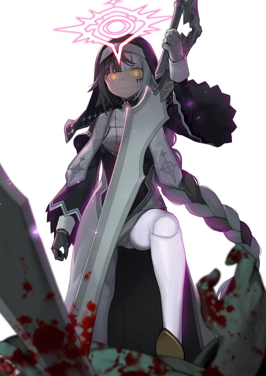 1girl absurdres arrow_cross black_capelet black_hair blood bloody_weapon borrowed_character braid braided_ponytail capelet celtic_cross coif cross doll_joints dress facial_mark full_body gauntlets habit halo highres holding holding_weapon joints looking_at_viewer multicolored_hair nun original parted_lips solo stole two-tone_hair veil violet_(ac8231) weapon white_background white_hair yellow_eyes yuzuriha_(active_homing)