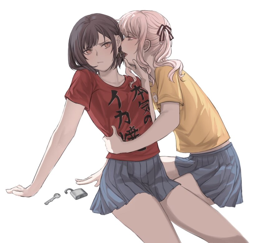 1girl 1other akiyama_mizuki arm_support averting_eyes blue_skirt bow braid breasts brown_bow brown_hair brown_ribbon closed_mouth clothes_writing commentary_request curly_hair eyelashes facing_viewer from_side hair_bow hair_ribbon hand_on_another&#039;s_chin hand_on_another&#039;s_waist highres jiobor key lock long_hair looking_at_another midriff_peek miniskirt open_mouth padlock padlock_symbol pink_eyes pink_hair pleated_skirt project_sekai pushing_away pushing_face red_shirt ribbon shinonome_ena shirt short_hair short_sleeves side_braid side_ponytail sidelocks simple_background single_braid sitting skirt small_breasts swept_bangs t-shirt thighs translation_request white_background yellow_shirt
