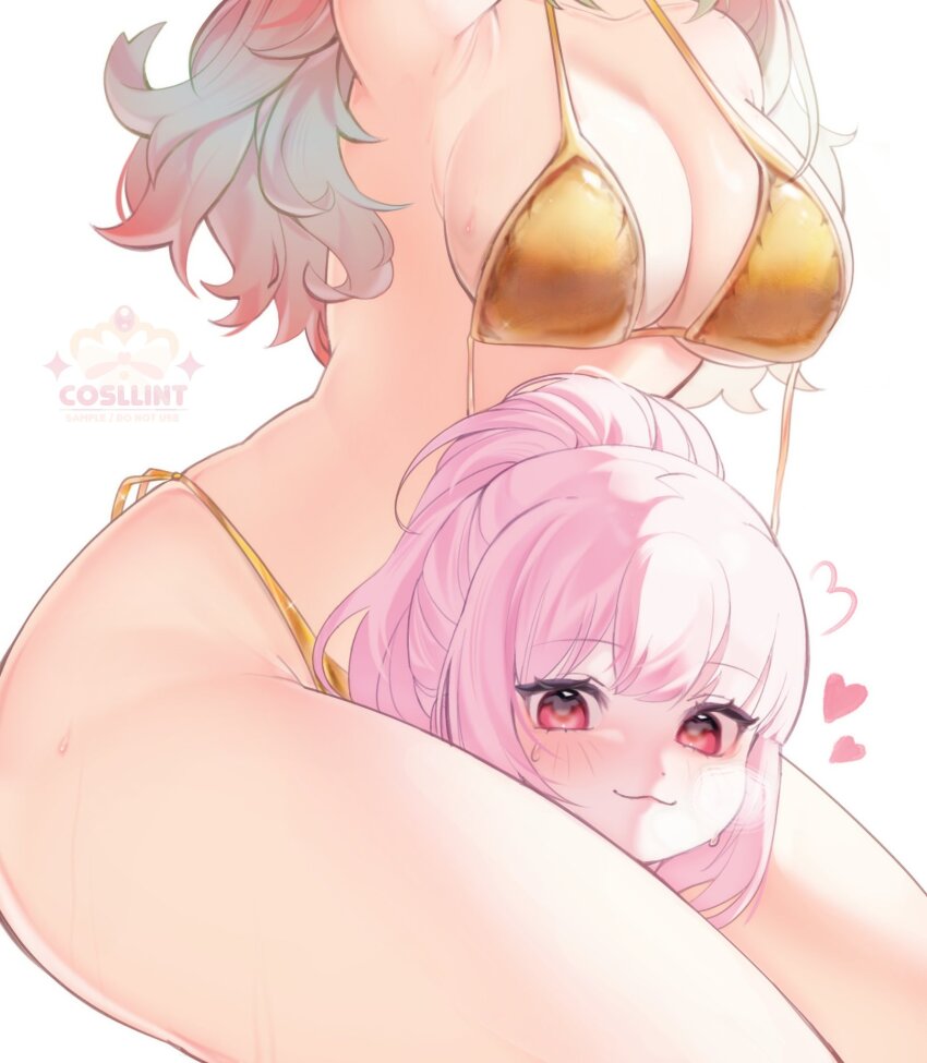 2girls alternate_costume between_thighs bikini blush breasts cleavage cosllint0 face_in_crotch feathers femdom gold_bikini golden_week golden_week_bikini head_between_knees head_between_thighs highres hololive hololive_english large_breasts long_hair looking_at_viewer mori_calliope multicolored_hair multiple_girls navel orange_hair pink_hair red_eyes satin_bikini scissorhold shiny_swimsuit side-tie_bikini_bottom simple_background smile stomach string_bikini swimsuit takanashi_kiara thick_thighs thighs triangle_choke virtual_youtuber yellow_bikini yuri