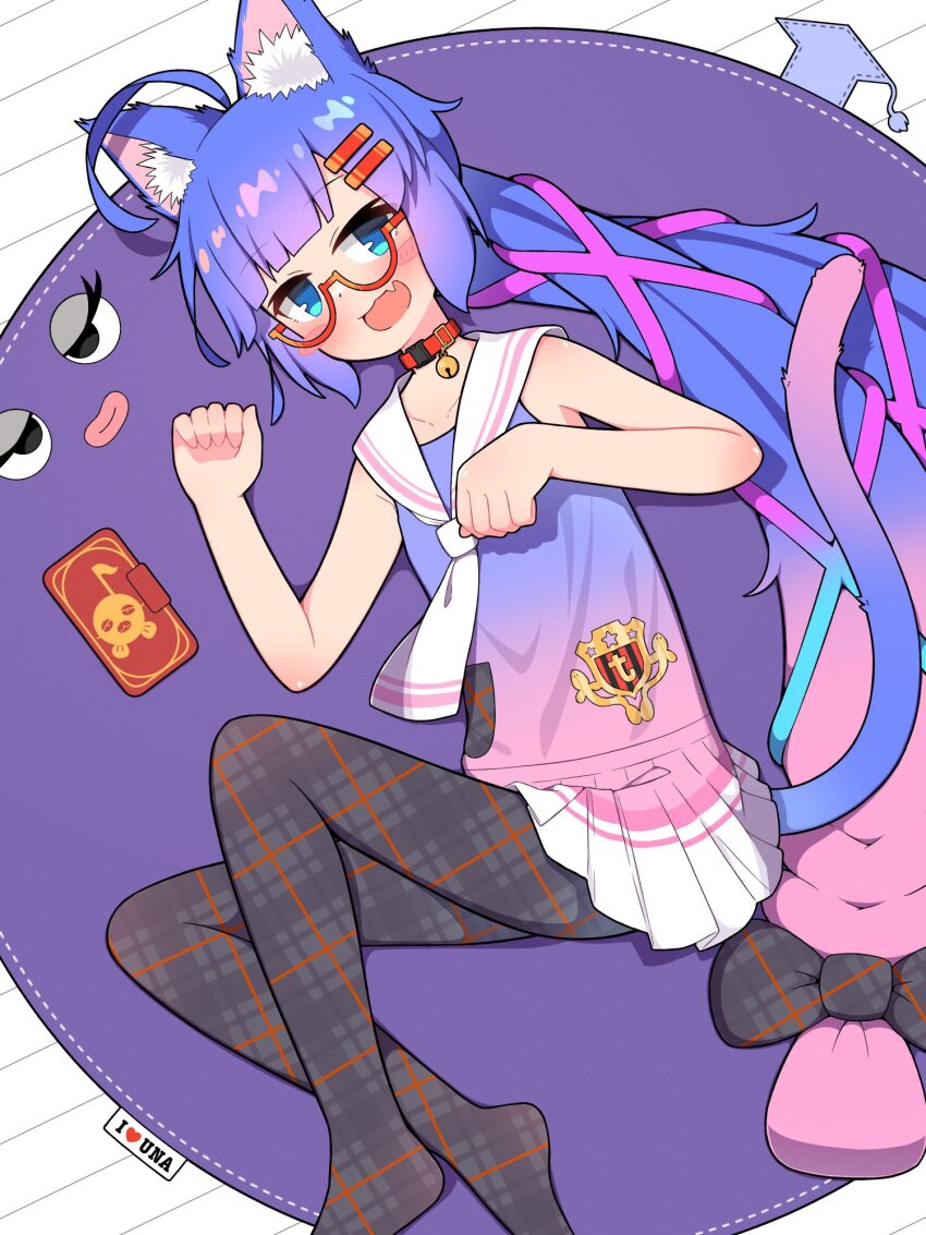 1girl ahoge animal_ear_fluff animal_ears bell blue_eyes blue_hair blush_stickers cat_ears cat_girl cat_tail cellphone collar collarbone fang glasses gradient_clothes gradient_hair gradient_shirt gradient_tail hair_ornament hairclip highres long_hair looking_at_viewer mat miriota multicolored_hair neck_bell neckerchief on_floor open_mouth otomachi_una otomachi_una_(talkex) pantyhose phone pink_hair plaid_clothes plaid_legwear pleated_skirt red-framed_eyewear red_collar sailor_collar shirt sidelocks skin_fang skirt smartphone solo tail talkex vocaloid white_neckerchief