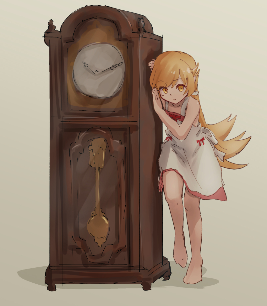 1girl :o apron back_bow bare_arms bare_legs barefoot blonde_hair bow bow_apron clock dot_nose flat_chest flipped_hair foot_up full_body grandfather_clock grey_background hair_between_eyes hair_flaps halterneck highres leaning_on_object long_hair looking_at_viewer monogatari_(series) open_mouth oretekiya oshino_shinobu red_bow red_skirt simple_background skirt solo swept_bangs very_long_hair waist_bow white_apron yellow_eyes