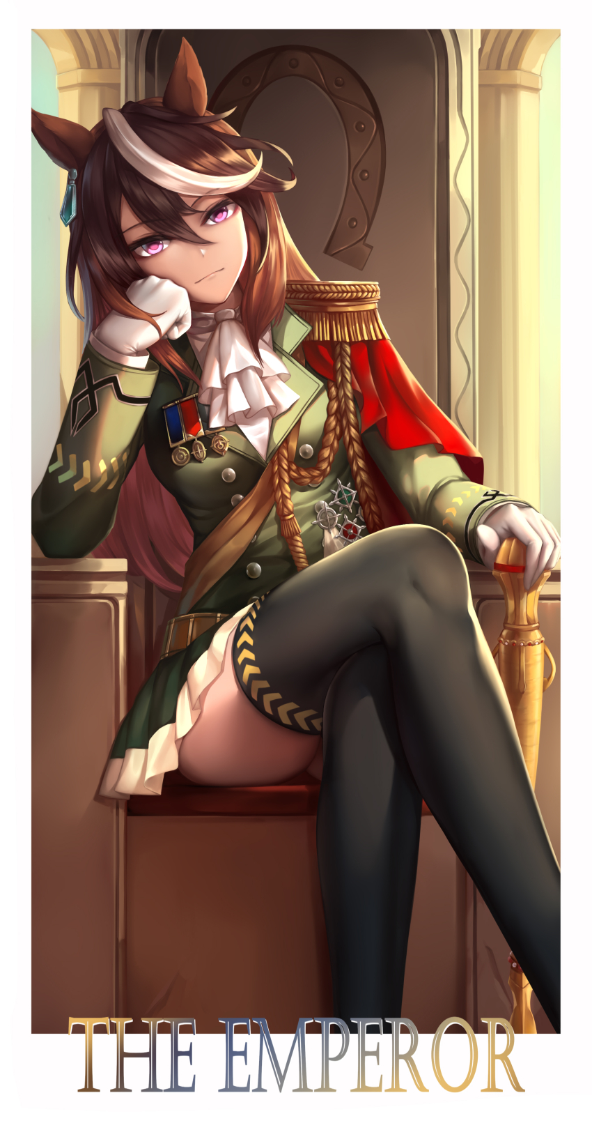 1girl absurdres aiguillette animal_ears armchair black_pantyhose black_shoes breasts brown_hair chair closed_mouth commentary_request crossed_legs earrings epaulettes frown full_body gloves green_jacket green_skirt hair_between_eyes head_rest high_heels highres horse_ears horse_girl horse_tail jacket jewelry lanse_dai_mao long_hair long_sleeves looking_at_viewer medal miniskirt multicolored_hair own_hands_together pantyhose shoes single_earring single_epaulette sitting skirt small_breasts solo streaked_hair symboli_rudolf_(umamusume) tail tarot the_emperor_(tarot) umamusume white_gloves